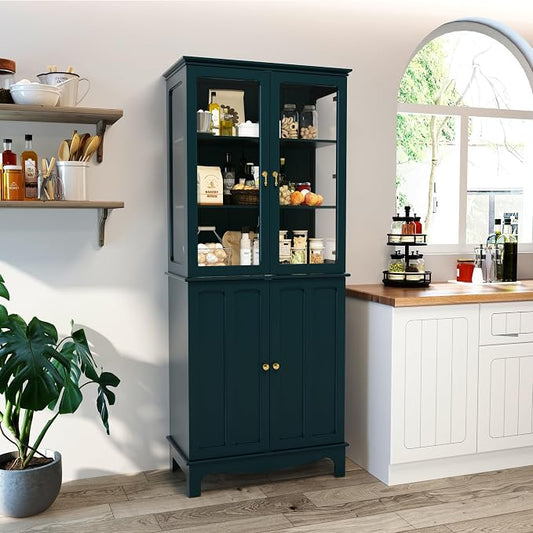 72" Tall Kitchen Pantry Cabinet with Glass Door and Adjustable Shelves, Vintage Food Storage Cabinet for Kitchen, Dining Room, Living Room, Teal by MROJISC