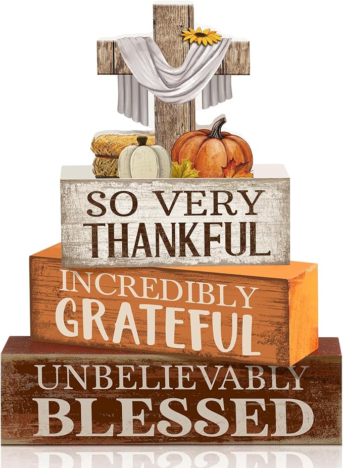 Moucuny 4 Pcs Fall Table Decoration for Home Religious Cross Stacked Signs | 4 Pcs Rustic Wood Stacked Sign with Cross and Harvest Elements. Great Thanksgiving Tabletop Decor for Home, Church, or Office by Moucuny
