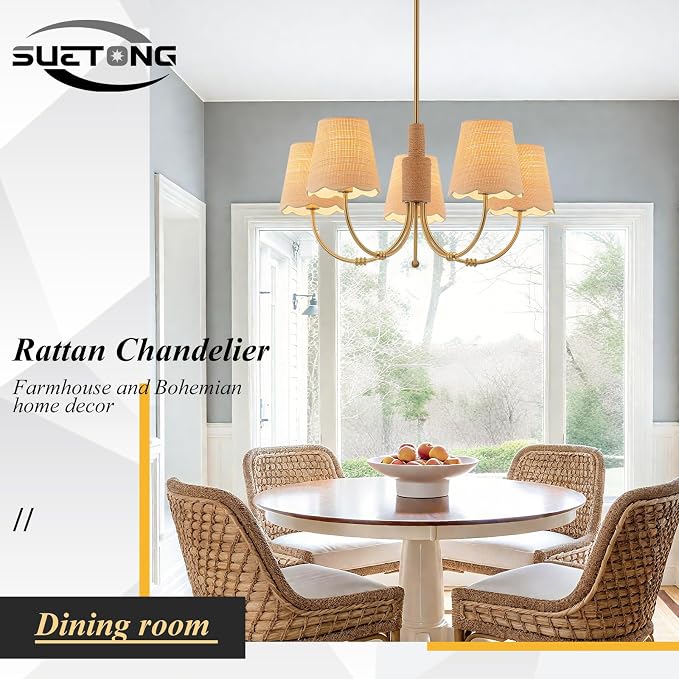 Boho Rattan Chandelier with Fabric Shade, Antique Gold Brass Farmhouse Chandeliers, 5-Lights Coastal Gold Pendant Light Fixtures for Dining Room Kitchen Island Living Room Hemp Rope - Image 5
