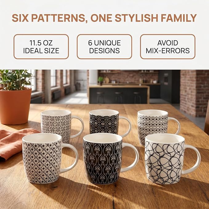 Okllen 6 Pack 11.5 Oz Coffee Mugs Geometric Textured, Ceramic Coffee Mugs Stylish Tea Cup Mugs Set Gift for Latte, Cappuccino, Milk, Water, Cocoa, Cereal, Black and White - Image 4