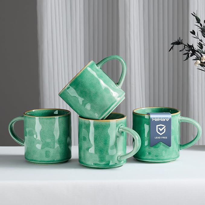 HaWare 14OZ Coffee Mugs Set of 4, Stoneware Coffee Cups with Handle, Latte Mug for Man, Woman, Dad, Mom, Modern Tea Mugs for Latte/Cappuccino/Cocoa/Milk, Dishwasher& Microwave Safe, Reactive Green by HaWare