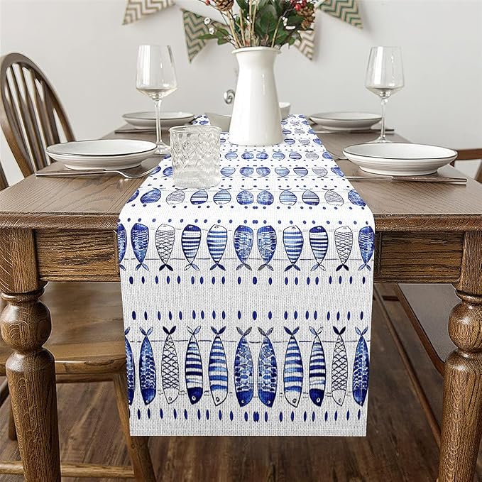 jejeloiu Ocean Fish Table Runner Blue and White Ocean Dresser Scarfs Nautical Fish Design Dresser Runners Sea World Table Decoration for Home Party Decor 13x72 Inch - Image 3