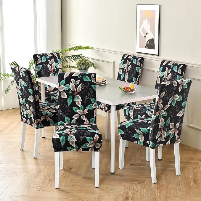 Fuloon Chair Covers for Dining Room 4 Pack, Printed Stretch Dining Slipcovers, Washable Kitchen Slip Covers for Parson Chair Midnight Leaves Printed, Set of 4 - Image 2