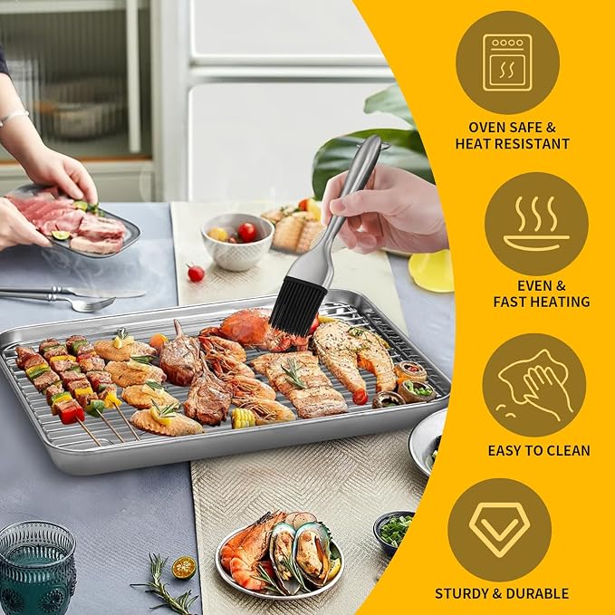 DOCBLACK Baking Sheet with Wire Rack and Silicone Pastry Basting Brush Set, Stainless Steel Cookie Sheet Baking Tray & Cooling Rack & Silicone Food Brush for Cooking and Oven, Dishwasher Safe -Silver - Image 3