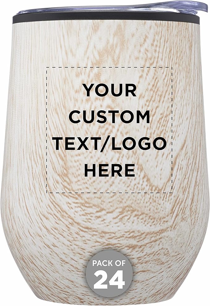 Custom Palmera Stemless Wine Tumblers with Lids 12 oz. Set of 24, Personalized Bulk Pack - Perfect for Wine, Cocktails, Other Hot & Cold Beverages - Ashwood