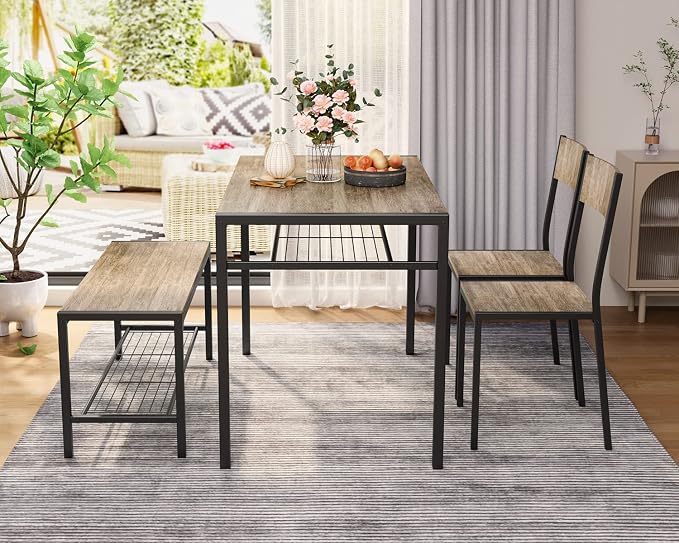 Gizoon 4-Piece Dining Table Set for 4, Kitchen Table with Bench Grey | Space-saving grey 4-piece dinette set with metal storage rack. Includes 2 ergonomic chairs and 1 bench. Easy to clean. - Image 8