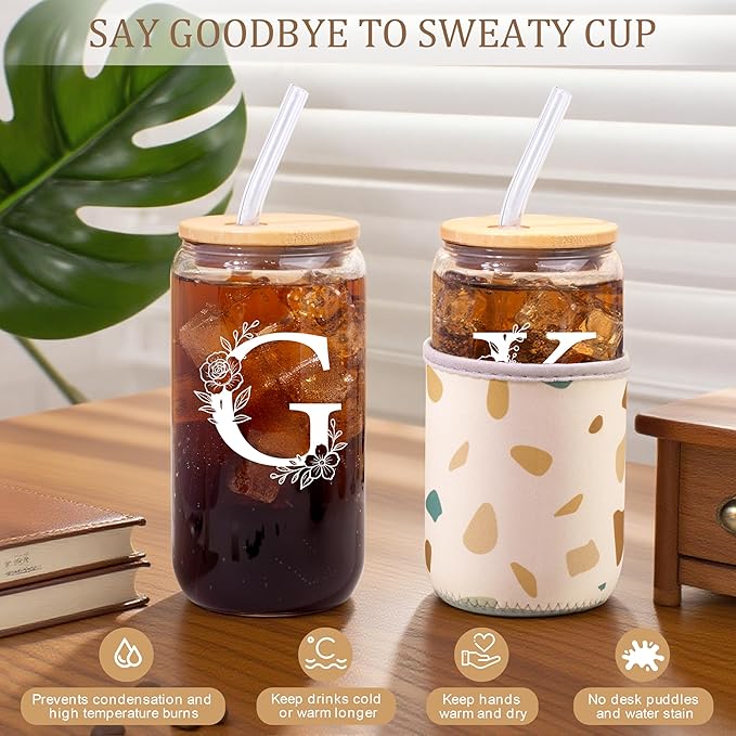 Personalized Gifts for Women, Monogrammed Gifts for Women, Initial 16 oz Glass Cups With Lids and Straws, Customized Mug, Personalized Birthday Gifts Christmas Gifts for Her Mom Friend Woman, G