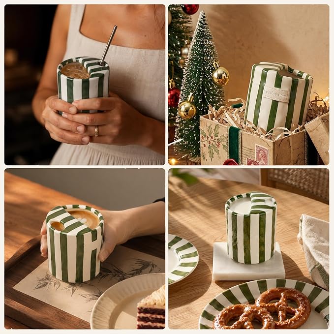 Ceramic Coffee Mug with Sip Hole Striped Travel Espresso Cup with Sleeve | Retro Hand-Painted Multiple Use, Microwave & Dishwasher Safe for Coffee Lovers(Green) - Image 6
