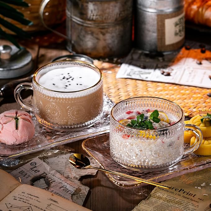 Gezzeny Vintage Coffee Mugs Set, Glass Cups Set with Saucer and Spoon, Clear Embossed Tea Breakfast Dessert Plate for Cappuccino, Latte, Cereal, Milk, Home Office Party, Golden, 3 Piece - Image 3