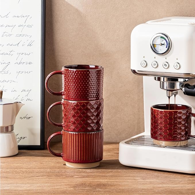 GBhome 15 OZ Stackable Coffee Mugs Set of 4, Ceramic Coffee Cups Set | 4 Assorted Designs, Embossed Mugs with Texture Patterns for Tea/Coffee, Dishwasher&Microwave Safe, Burgundy - Image 5