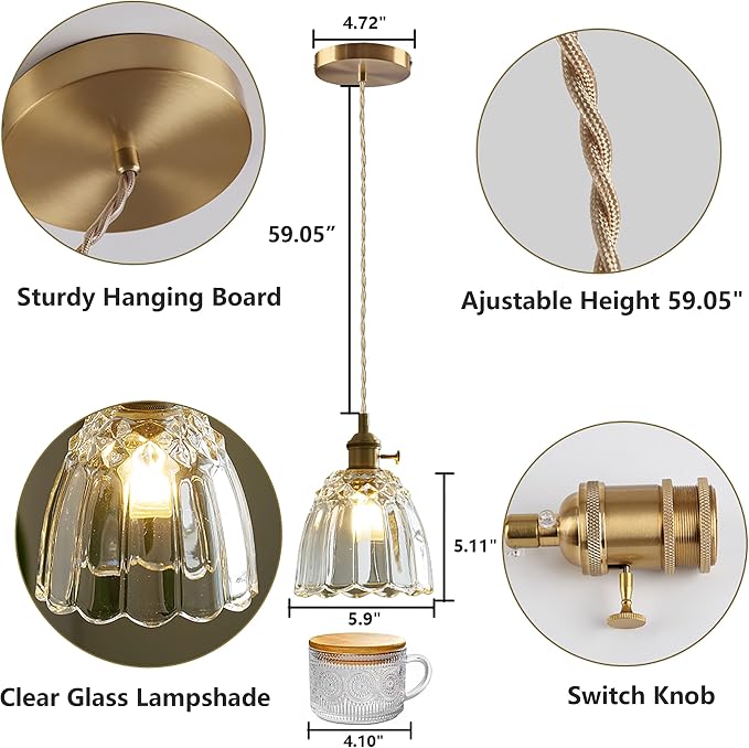 Sedelan Vintage Pendant Light, Antique Pendant Lights Kitchen Island, Glass Pendant Light, Indoor Pendant Lighting for Kitchen Bedroom Hallway Hotel, E26 Copper Switch Knob - Image 5