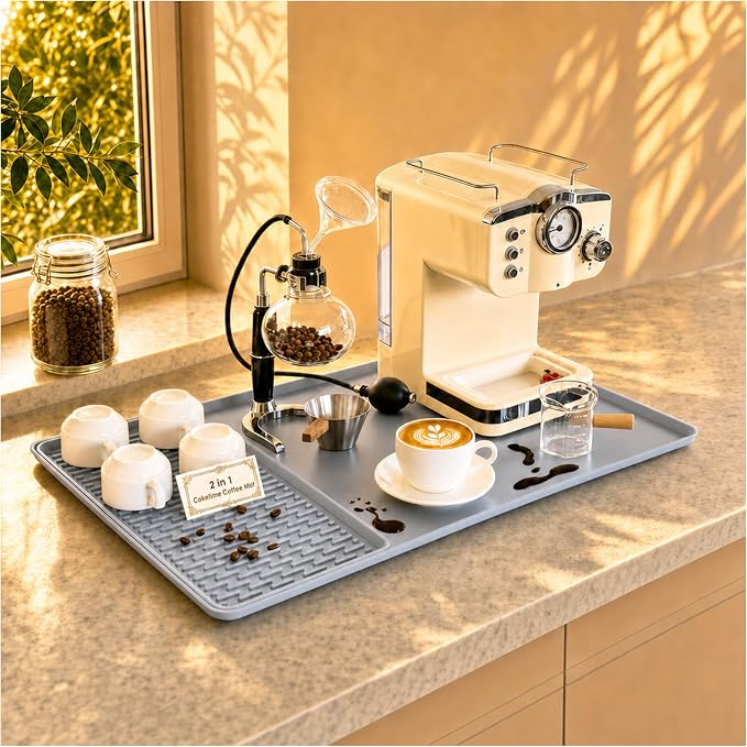 Caketime 2 In 1 Silicone Coffee Bar Mat Accessories for Keurig Coffee Maker with Detachable Dish Drying Rug Kitchen Counter Under Sink Drainer Necessities Home Decor 16"x24" Extra Large Light Gray by CAKETIME