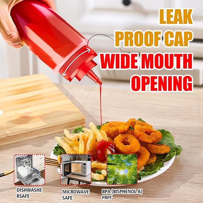 16oz Leak-Proof Sauce Squeeze Bottles- BPA-Free Kitchen & Restaurant Dispensers w/Wide Mouth for Ketchup, Mustard, Syrup, Oil, Dressings Dishwasher Safe (White+Yellow+Red, 16oz-6pack)