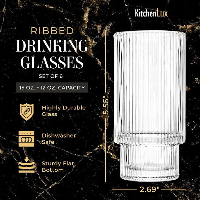 Kitchen Lux Ribbed Drinking Glasses - Ribbed Glass Cups 12 oz - Ribbed Glassware Set of 6 - Textured Vintage Retro Ripple Aesthetic Glass Ware for Whiskey Cocktail Beer Water, Coffee Bar Accessories - Image 2