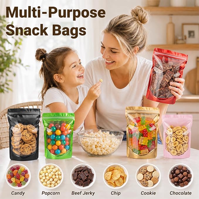 ANZNKU 100PCS Mylar Bags Resealable Small Smell Proof Bags(Purple, 6.3x9.5) | Stand Up Foil Pouches Clear Window, Sealable Bags for Small Business Packaging Snack Party Favors Candy Treats Food Storage - Image 3