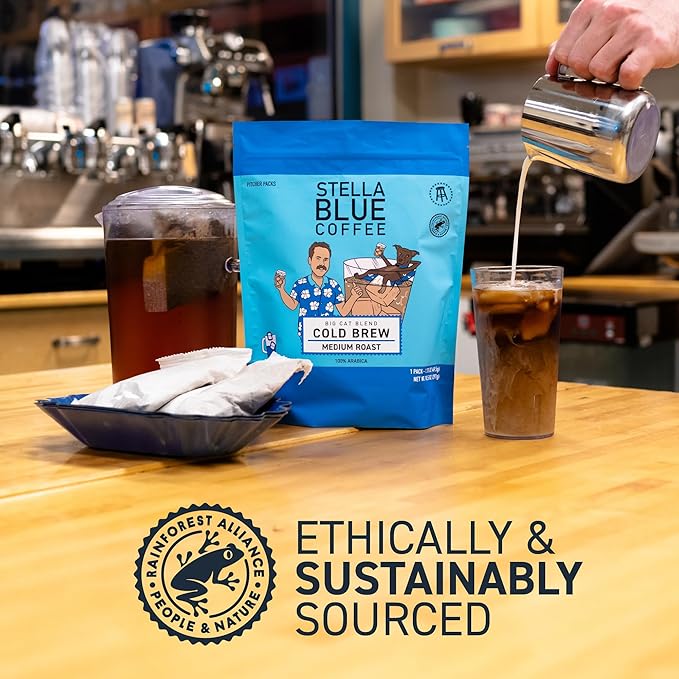 Stella Blue Cold Brew Coffee Bags, Miss Peaches Blend, Medium Roast Ground Coffee, Smooth, Bold and Refreshing 100% Arabica, 6 Brew Packets, Makes 24 Cups, Rainforest Alliance Certified