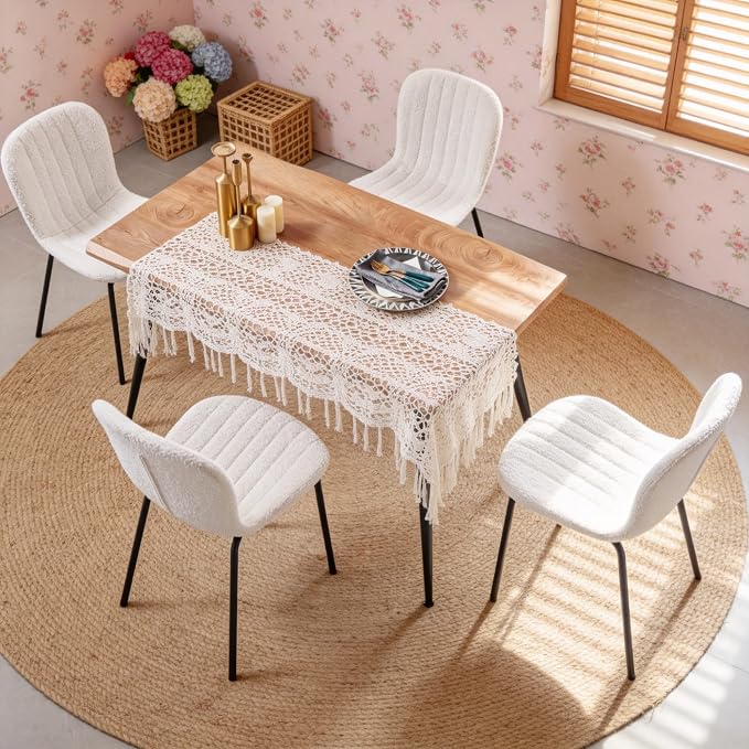 Rectangle Dining Table Set for 4 with White Boucle Chairs | 5-Piece Mid-Century Modern Set, Irregular MDF Table, Wood Grain, Space-Saving for Small Spaces, Dining Rooms, Easy Assembly - Image 2