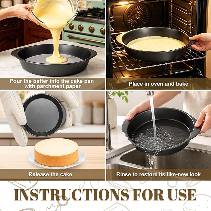 9 Inch Cake Pan Set, 3-Piece Carbon Steel Round Cake Pans with 100 Pre-Cut Parchment Paper Rounds, Nonstick Baking Pans for Layer Cakes, Pizza and Desserts - Image 6