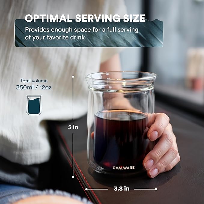 ovalware Double Wall Single Lip Insulated Glass Cup, Set of 2 (12oz / 350ml) - Borosilicate Glass For Coffee, Tea, Whiskey, Cocktails & All Beverages - Minimalistic & Durable Double-Wall Drinking Mug