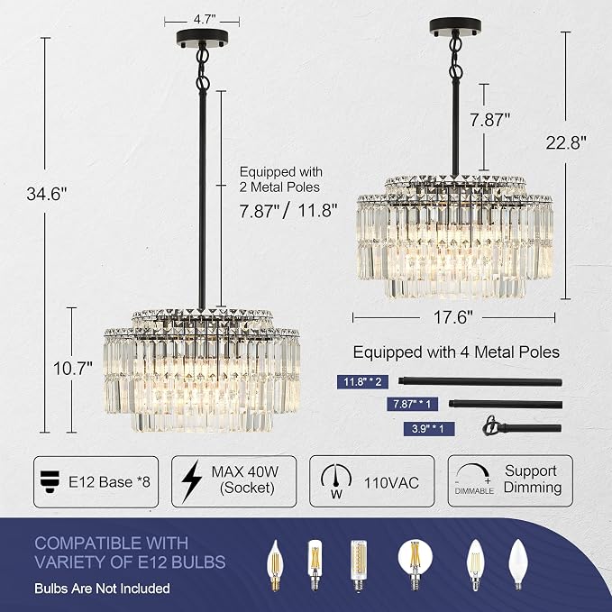 Modern 17.6“ Black Crystal Chandelier Ceiling Light Fixtures for Dining Room Luxury Glam 8-Light Crystal Chandeliers Lighting for Bedroom Entryway Hallway Living Room Kitchen Island Foyer - Image 2