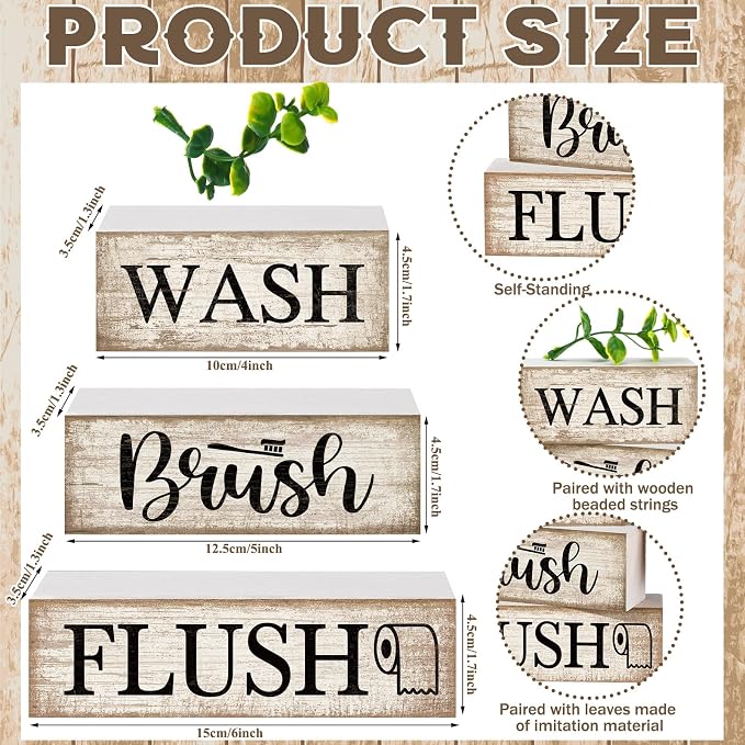 Moucuny 4 Pcs Farmhouse Bathroom Decor and Accessories Rustic Bathroom Shelf Decor Sign Set "wash/brush/flush" Farmhouse Eucalyptus Leaves Wood Block Signs for Toilet Vanity Countertop Home Decoration - Image 8