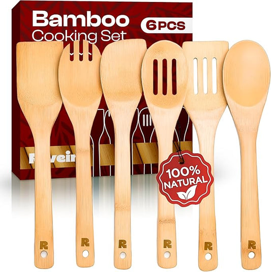 Riveira Bamboo Cooking Spoons 6-Piece – Wooden Cooking Utensils Set with Wooden Spoons for Cooking & Spatulas Wooden Utensil Sets – Premium Kitchen Utensils Set – Durable First Apartment Essentials by Riveira