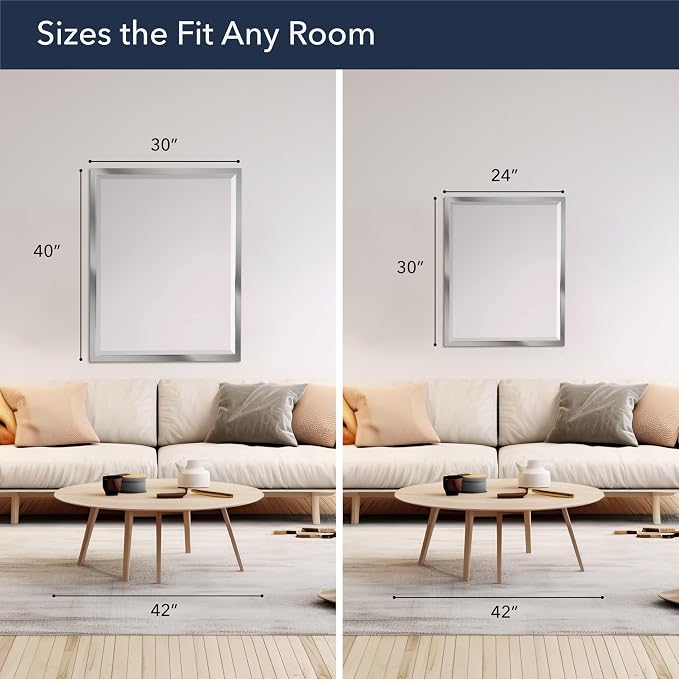 Head West Chrome Stainless Steel Beveled Metal Framed Wall Mount Vanity Mirror, Decorative Mirror for Wall Decor, Rectangle Bathroom Mirror for Over Sink, Bedroom, Living Room Hallway Entryway 30"x40" - Image 4