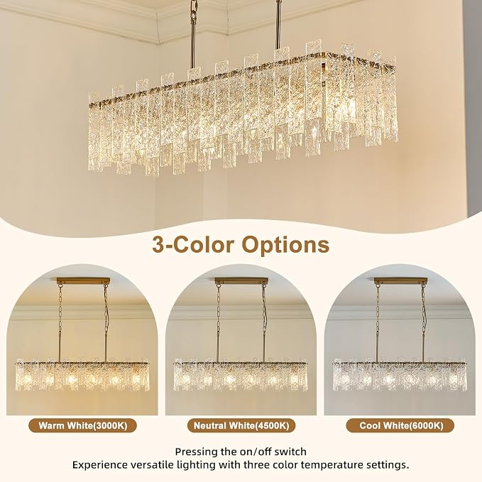 L39 inch Gold Rectangle Crystal Chandelier, Modern Rectangular Water Ripple Glass Dining Room Chandeliers Light Fixture, 6-Lights Hanging Pendant Light for Kitchen Island, Living Room - Image 7