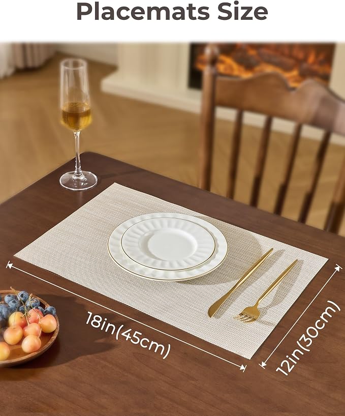 Leetaltree Beige White Placemats Set of 6 - Heat Resistant Non-Slip Place mats for Dining Table, Washable Durable PVC Vinyl Woven Table Mats(Beige White, 6) - Image 4
