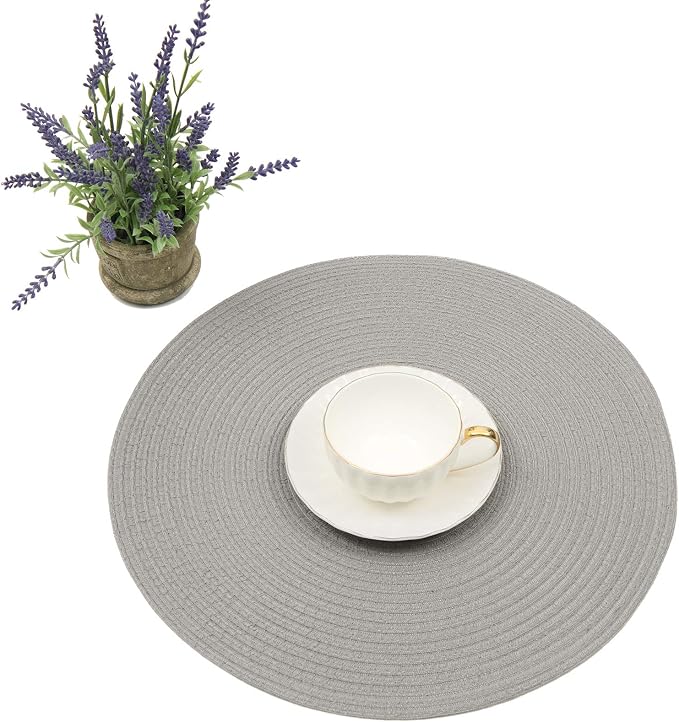 SHACOS Round Braided Placemats Set of 8 Washable Fabric Heat Resistant 15 inch Grey Round Table Mats for Dining Tables (Gray, 8) - Image 4