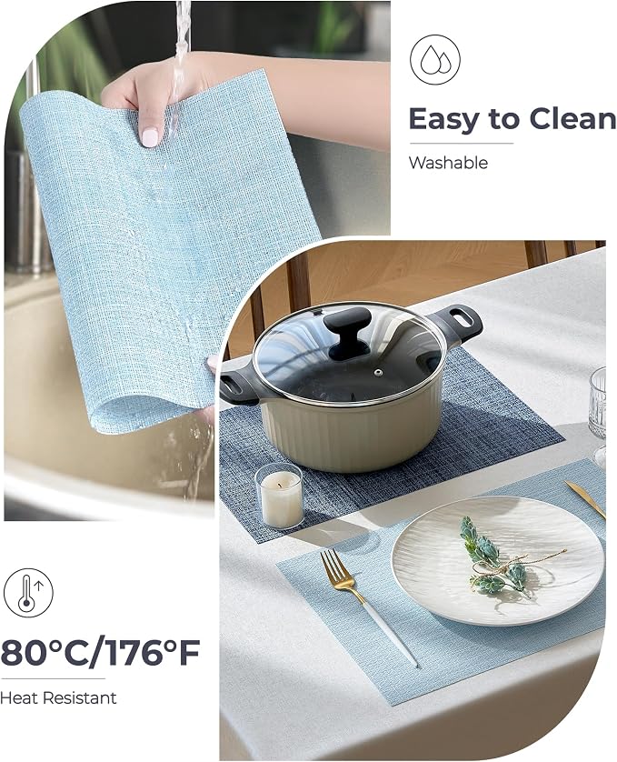 Leetaltree Soft Sky Blue Woven Placemats Set of 6 - Heat Resistant Non-Slip Place mats for Dining Table, Washable Durable PVC Vinyl Woven Table Mats(Sky Blue, 6) - Image 5