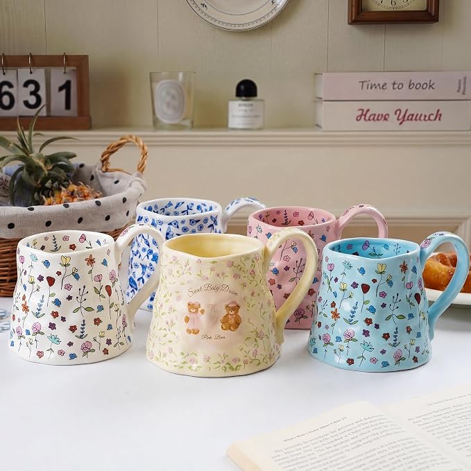 Large Ceramic Coffee Mug Cute Flower with Handmade Big Handle, 20oz Girly Pink Floral Tea Cup for Women Mothers Day, Novelty Irregular Oversized Christmas Mugs for Latte Tea Milk Cocoa - Image 5