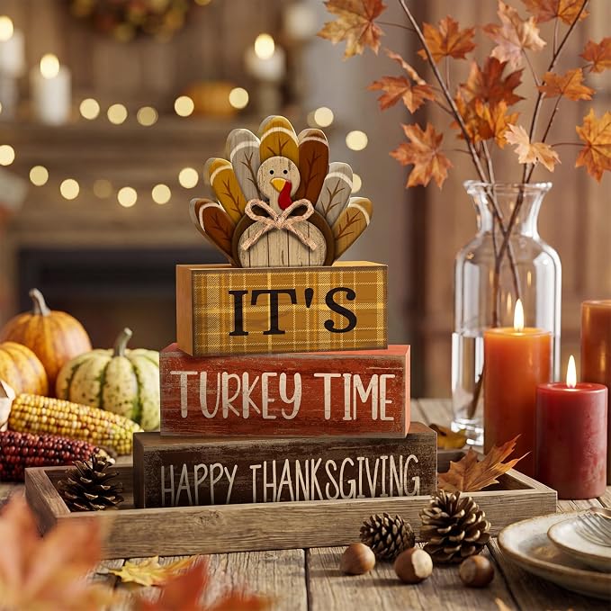 Moucuny 4 Pcs Fall Decorations for Home Wooden Turkey Decor Thanksgiving Tiered Tray Decor Thanksgiving Table Centerpiece Rustic Wooden Turkey Time Block Sign for Autumn Harvest Party Kitchen Shelf - Image 2