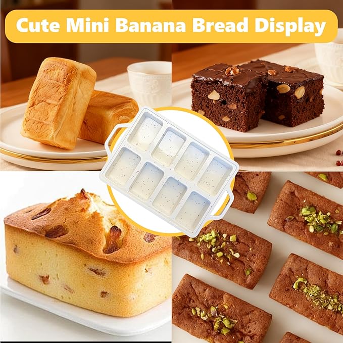 1PCS Silicone Mini Loaf Pans with Metal Frame, 8 Cavity Mini Bread Banna Loaf Pans, Nonstick Small Bread Pans for Baking, Tiny Meatloaf Pan with Metal Reinforced Frame for Brownie, Butter (1, Cream)