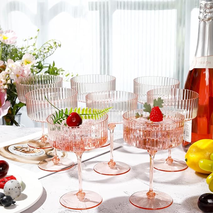 Jingmore 12 Pcs Ribbed Martini Glasses 10 oz Disposable Plastic Vintage Ribbed Coupe Glasses Unbreakable Dessert Parfait Glassware for Wedding Birthday Party Supplies (Champagne Powder) - Image 5