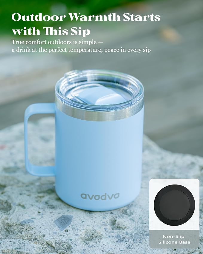 12oz Insulated Coffee Mug with Lid – Includes Two Lids, Stainless Steel Coffee Travel Mug with Handle, Double Wall Vacuum Insulated Camping Mug for Home, Office & Outdoor, Light Blue - Image 6
