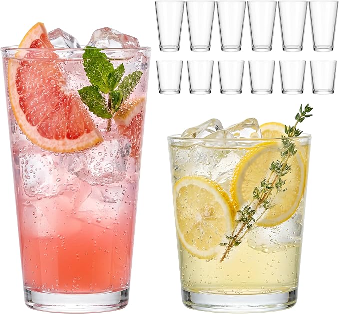 Moretoes Everyday Drinking Glasses Set of 12,Glass Cups Set | 16 Oz Pint Glasses & 12 Oz Old Fashioned Glasses, Mixed Glassware Great for Daily Use and Parties by Moretoes