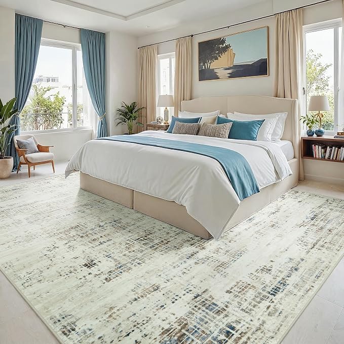 9x12 Washable Area Rug for Living Room Bedroom: Non-Slip Modern Gray White | Machine Washable TPR Backing, Stain-Resistant Low Pile, Pet & Kid Friendly, Abstract Decor for Dining Room, Dorm, Home Office - Image 2