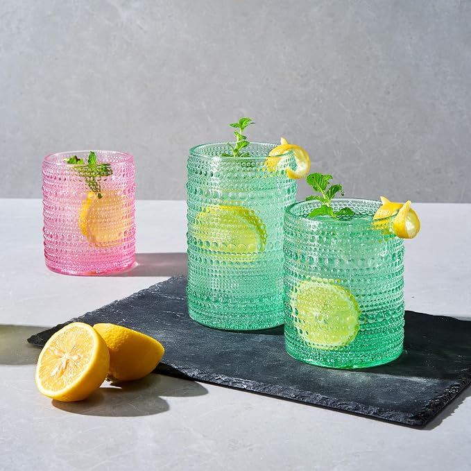 Khen Hobnail Beaded Highball Drinking Tumbler Glasses | Set of 12 | Color, Vintage Bubble Design Whiskey Glassware, Old-Fashioned, Embossed Design for Water, Wine, Cocktail Embossed, Rocks Glass - Image 4