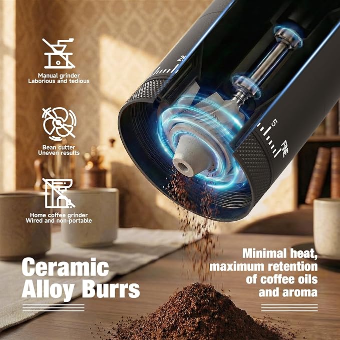 Portable Electric Burr Coffee Grinder - Cordless Rechargeable Coffee Grinder with Ceramic Conical Burr, USB-C, Ultra Quiet <65dB, 38 Adjustable Settings, Travel Coffee Grinder for Camping Office Home - Image 3
