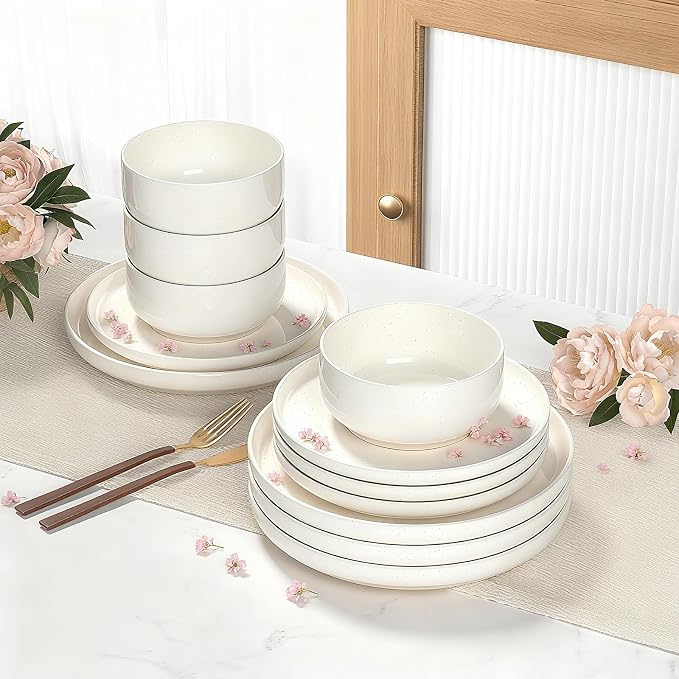 Plates and Bowls Sets, Dinnerware Sets for 4, 12 Pieces Scratch Resistant Dishware Dishes Set, Ceramic Kitchen Dinner Set, Porcelain & Microwave and Dishwasher Safe, Cream White - Image 3