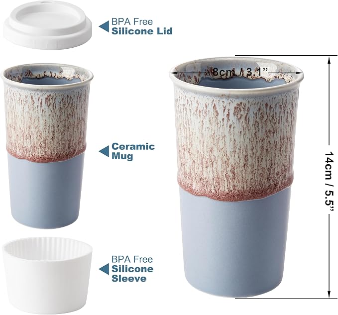 Ceramic Travel Mug with Lid (12 oz) – Aesthetic Coffee Cup for Women & Men, Modern Minimalist Travel Mug, Microwave & Dishwasher Safe, Fits Car Cup Holder (Whispy Blue) - Image 2