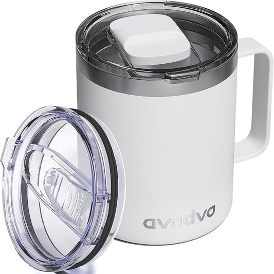 12oz Insulated Coffee Mug with Lid – Includes Two Lids, Stainless Steel Coffee Travel Mug with Handle, Double Wall Vacuum Insulated Camping Mug for Home, Office & Outdoor, White by avodvo