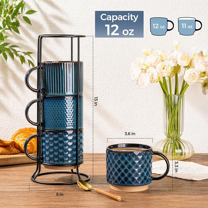 GBhome 12 OZ Stackable Coffee Mugs Set of 4, Ceramic Coffee Cups Set | Coffe Cups With Saucer and Stand, Dishwasher&Microwave Safe, 4 Assorted Designs - Image 3
