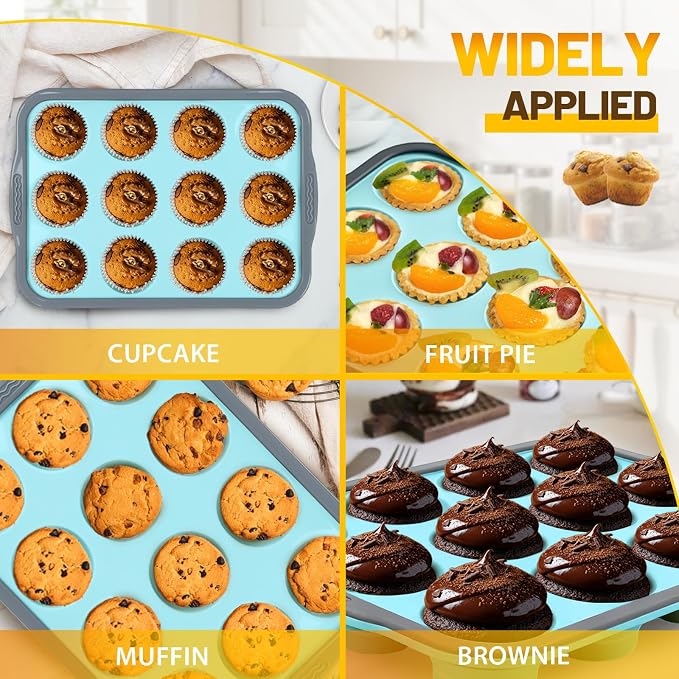 Silicone Muffin Pan, 12 Cups Non-Stick Cupcake Pan, Food-Grade BPA-Free Muffin Tin, Oven-Safe 450 °F, Reinforced Steel Frame, Easy-Grab Handles, Quick-Release 2.3" Baking Molds for Mini Treats - Image 6