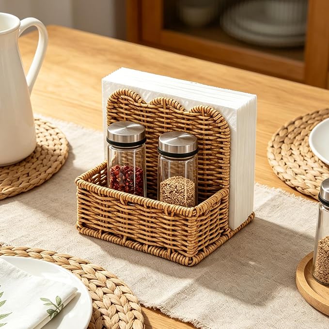 Plastic Rattan Scalloped Perimeter Napkin Holder for Table, Salt and Pepper Shakers Holder - Countertop Organizer for Rustic Room Decor (Without Salt, Pepper Shakers & Napkins) (Subdued Brown) - Image 6