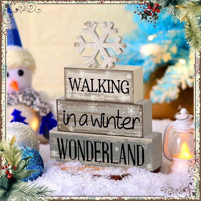 Moucuny 4 Pcs Christmas Table Decorations Wooden Snowflake Decor Winter Tiered Tray Decor Rustic Snow Signs Block Gift Farmhouse Christmas Centerpiece for Wonderland Party Kitchen Shelf Home - Image 4
