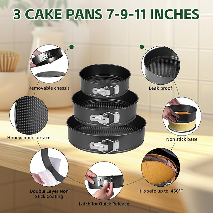 Springform Pan Set of 3 (7"/9"/11") - Non-Stick Cheesecake Pans with Removable Bottom, Round Baking Molds for Cheesecake, Pie, Desserts & More - Baking Bakeware Set - Image 2