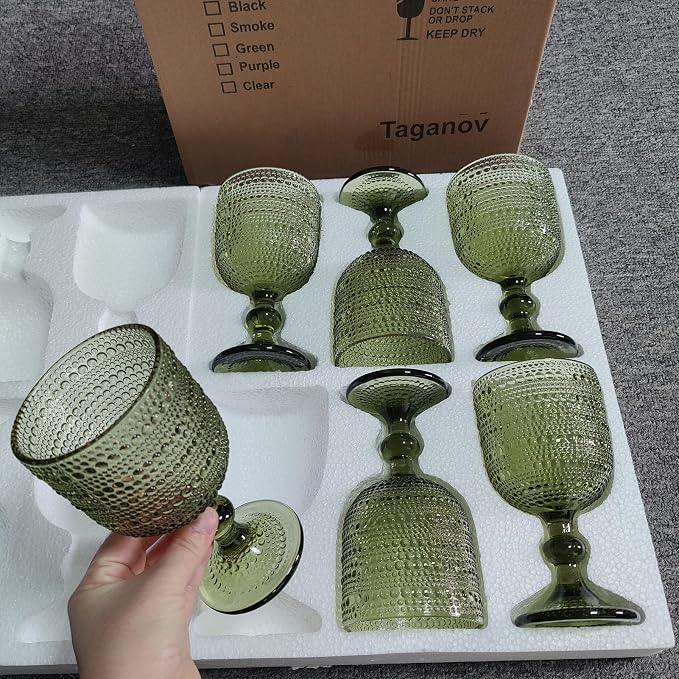 Taganov Glasses Drinking Wine Water Goblets Green Glassware set of 6 Vintage Stem Glasses Stemware 12 Ounces for Wedding Party Bar Twill Pattern Striped 350 ml - Image 2