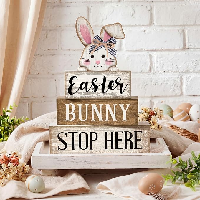 Moucuny 4 Pcs Easter Bunny Table Decoration Stacked Wooden Bunny Block Decor 3-tier Tabletop Sign with 3D Rabbit, Rustic Farmhouse Easter Decorations for Home Egg Hunt Party Centerpiece Gift - Image 3